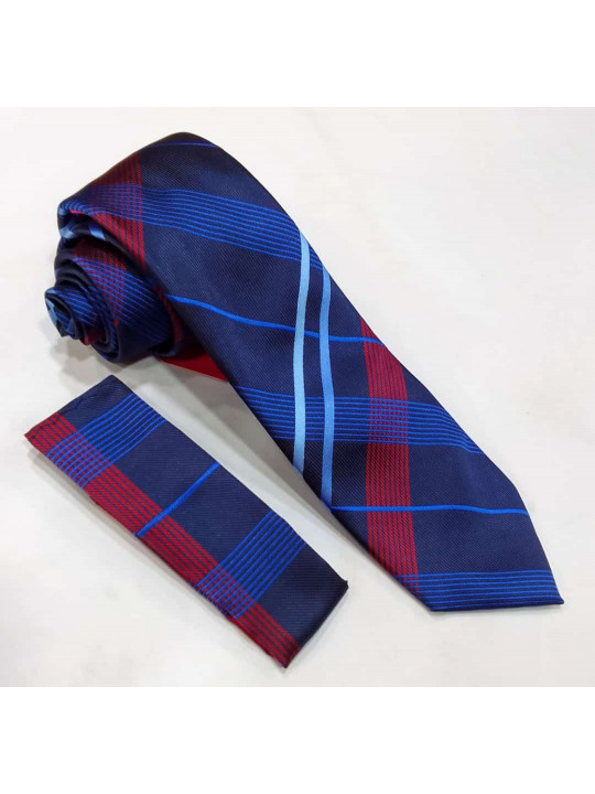 New Men Striped Tie with Matching Pocket Square | Dark Blue | Red