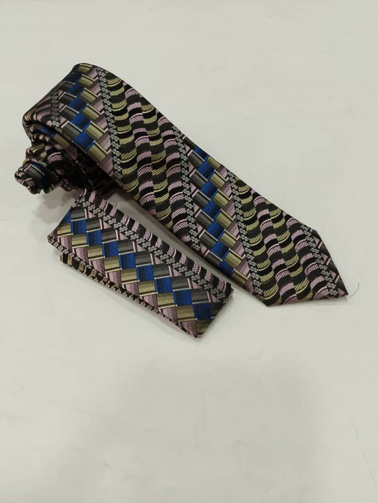New Men Vintage Tie with Matching Pocket Square | Brown | Blue