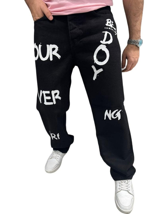 High Quality Male Loose Fit Jeans with Printed Design | Black
