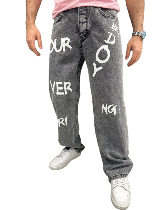 High Quality Male Loose Fit Jeans with Printed Design | Grey