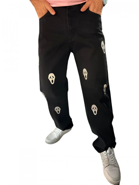 High Quality Male Loose Fit Jeans with Scary Face Print | Black