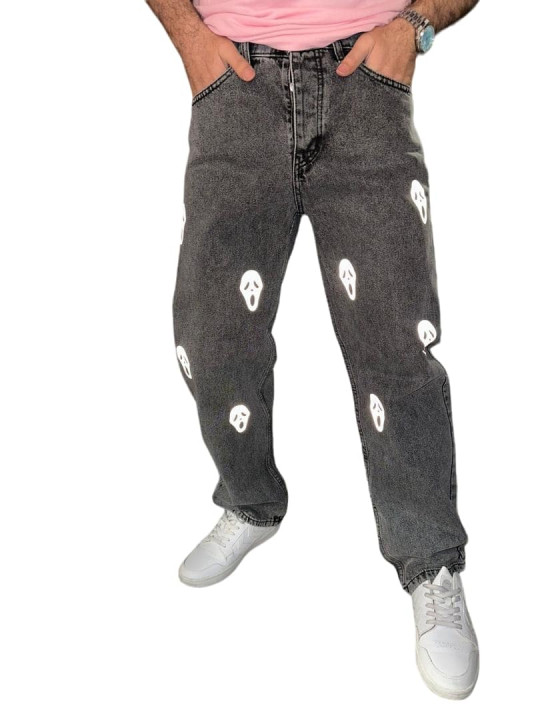 High Quality Male Loose Fit Jeans with Scary Face Print | Grey