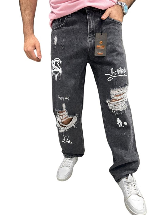 High Quality Male Ripped Loose Fit Jeans with Printed Design | Dark Grey