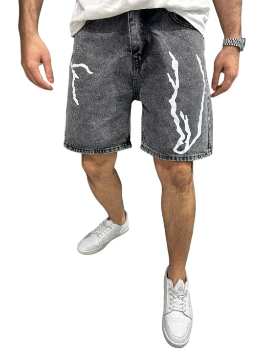 New Men Styled Denim Cargo Loose Jeans Short  With Print | Grey