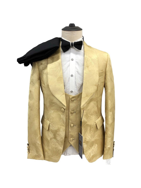 Men's Maligan Full Three Piece Suits with Floral Design | Gold