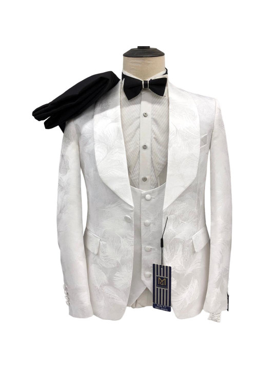 Men's Maligan Full Three Piece Suits With Floral Design | White