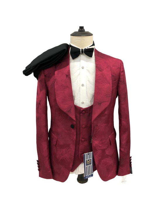 Men's Maligan Full Three Piece Suits With Floral Design | Maroon