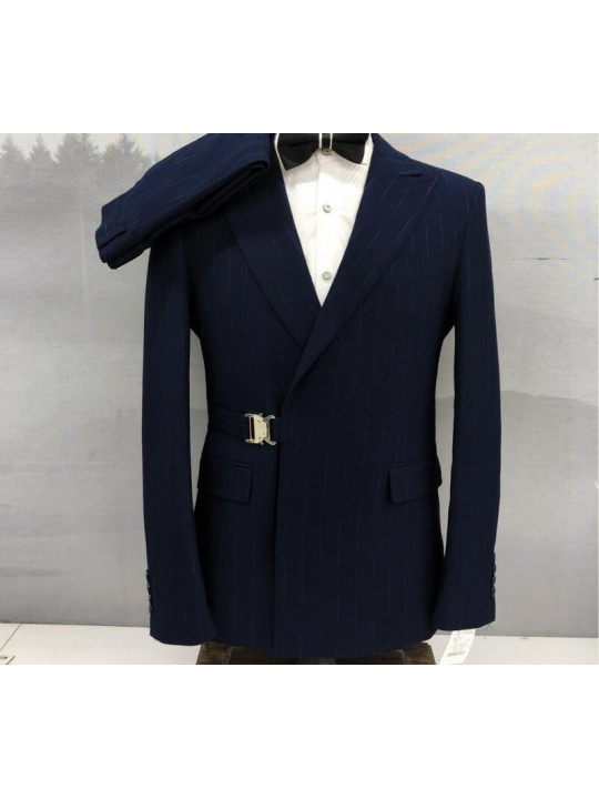 New Men Buckle Double Breasted 2 Piece Suit | Dark Blue