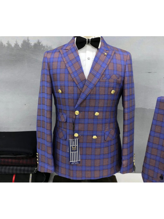 New Men Check Patterned 3 Piece Suit | Brown & Blue
