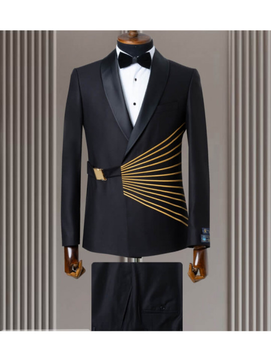 New Men Stylish 2 Piece Suit With Gold Stripes | Black