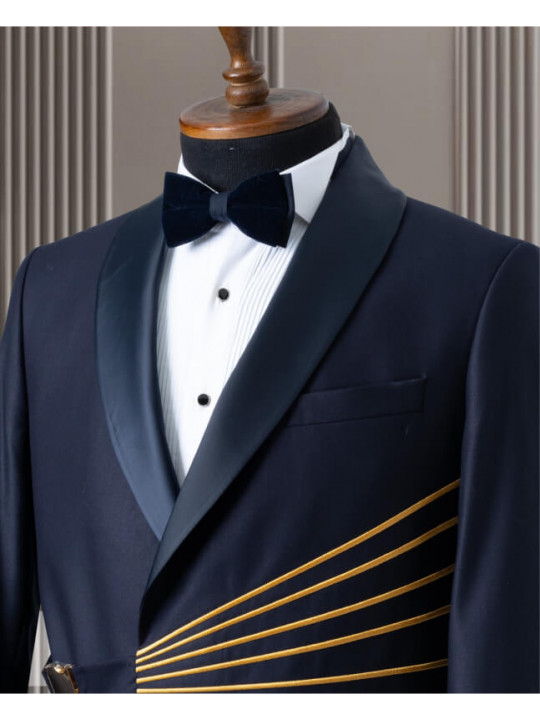 New Men Stylish 2 Piece Suit With Gold Stripes | Dark Blue