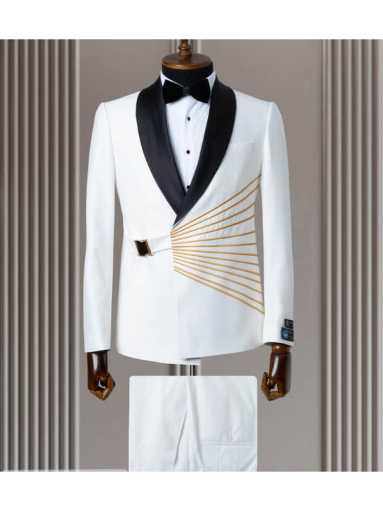 New Men Stylish 2 Piece Suit With Gold Stripes | White
