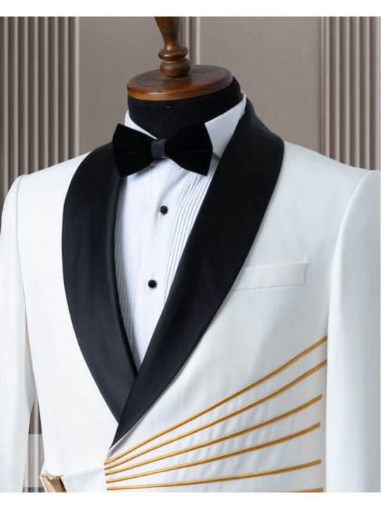 New Men Stylish 2 Piece Suit With Gold Stripes | White