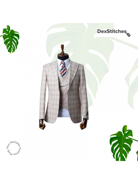 Men's Checkered Pattern 3 Piece Suit | Beige