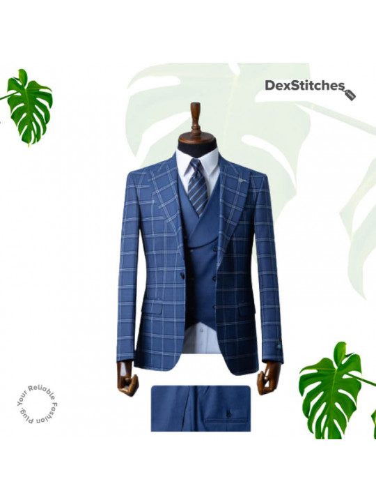 Men's Checkered Pattern 3 Piece Suit | Blue
