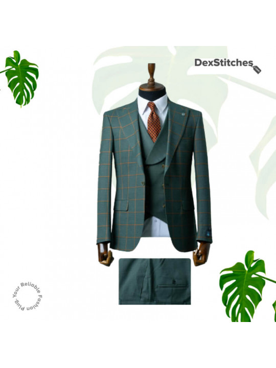 Men's Checkered Pattern 3 Piece Suit | Green