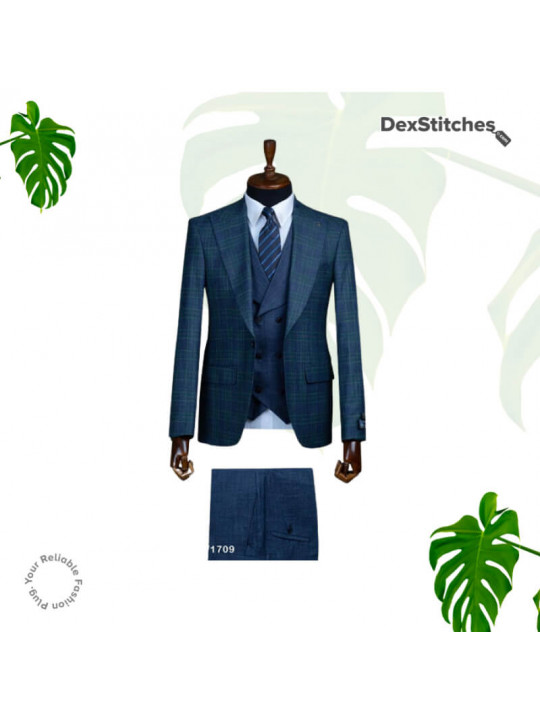 Men's Checkered Pattern 3 Piece Suit | Oxford Blue