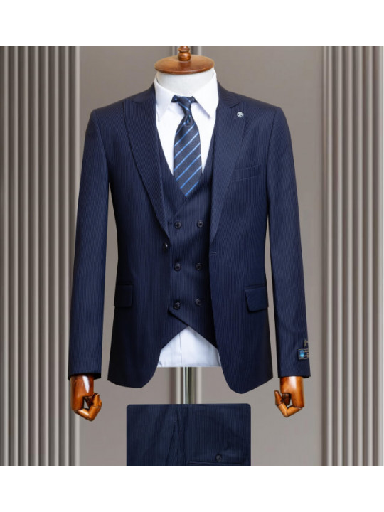 Men's Pinstripe 3 Piece Suit | Dark blue 