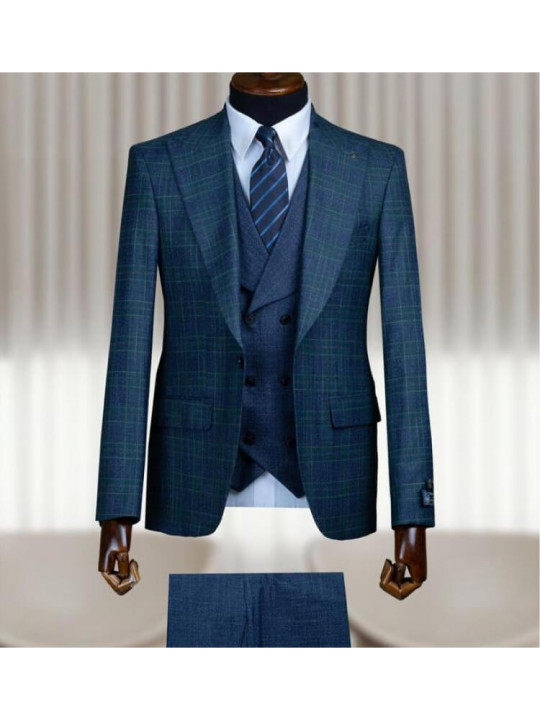 Men's Plaid Patterned 3 Piece Suit | Blue