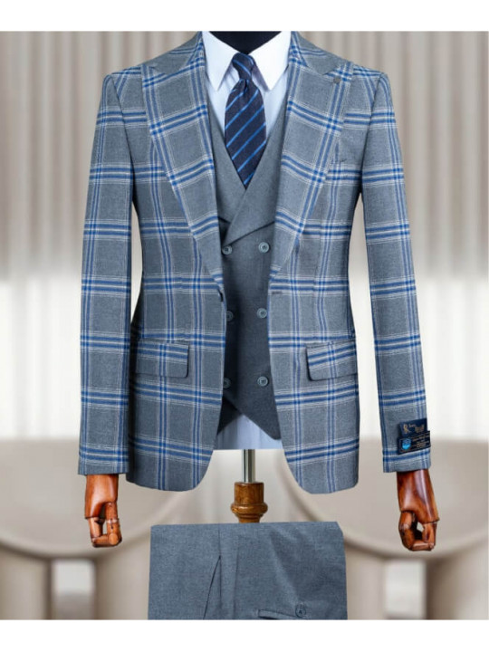 Men's Plaid Patterned 3 Piece Suit | Payne's gray