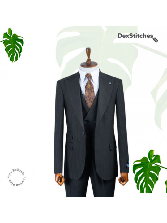 New Men's Layered Striped 3 Piece Suit | Charcoal