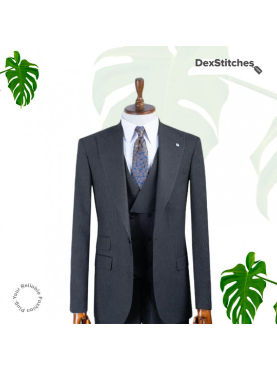 New Men's Layered Pattern 3 Piece Suit | Charcoal