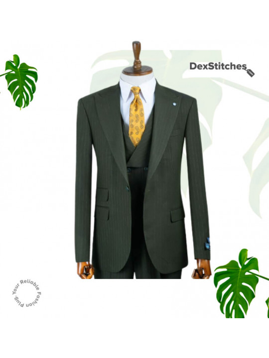 New Men's Layered Pattern 3 Piece Suit | Dark green