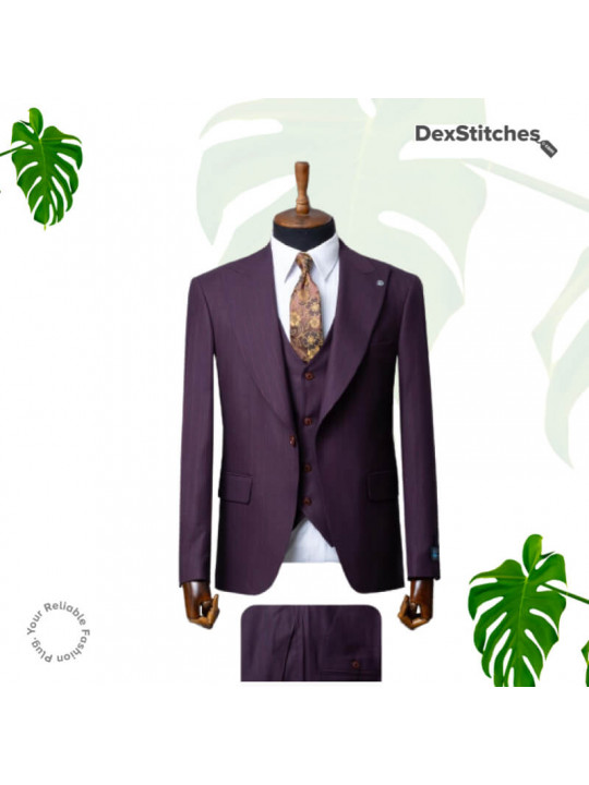 New Men's Layered Pattern 3 Piece Suit | Dark purple