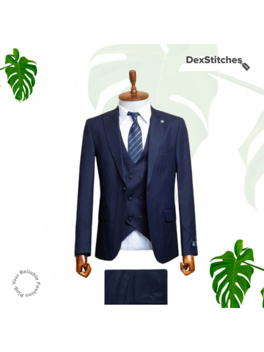 New Men's Layered Pattern 3 Piece Suit | Navy blue