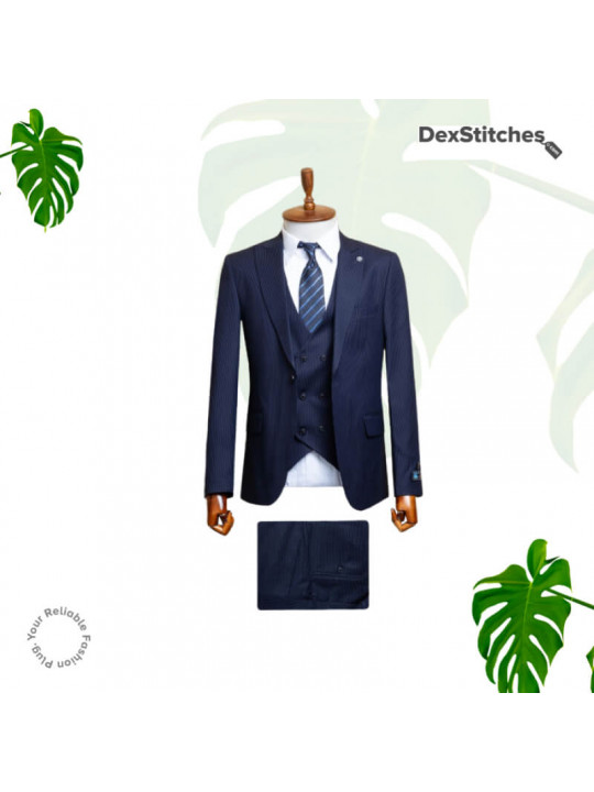 New Men's Layered Striped 3 Piece Suit | Navy Blue