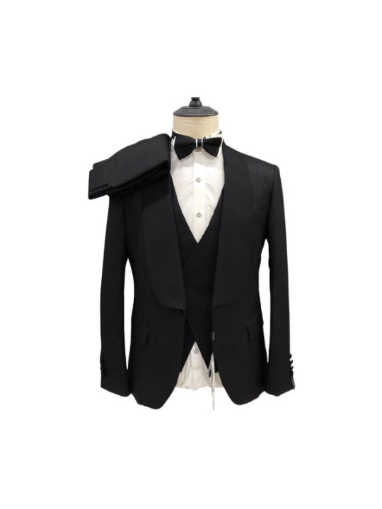 Maligan Three Piece Satin Lapel Glossy Suit | Black