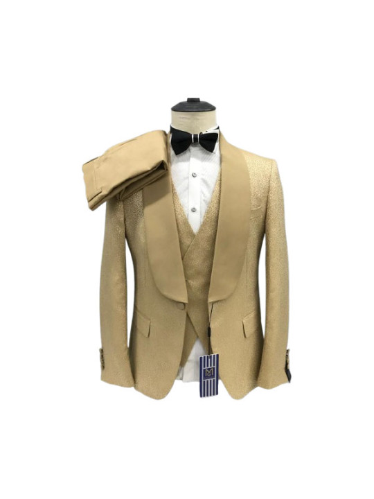 Maligan Three Piece Satin Lapel Glossy Suit | Brown