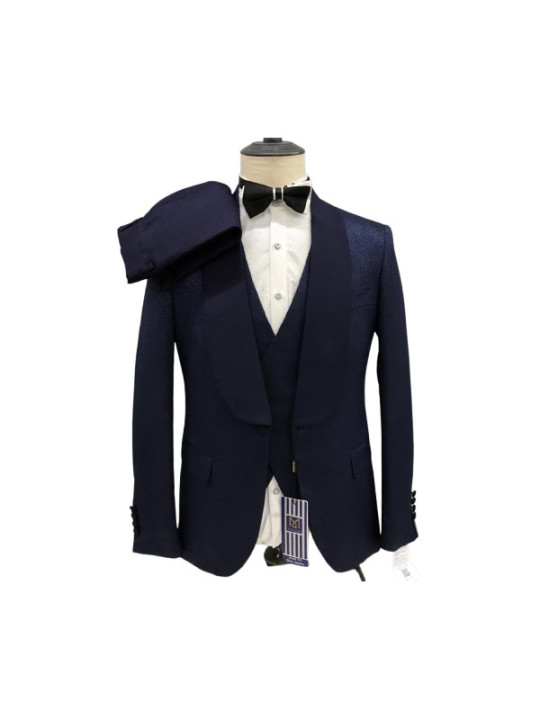 Maligan Three Piece Satin Lapel Glossy Suit | Navy Blue