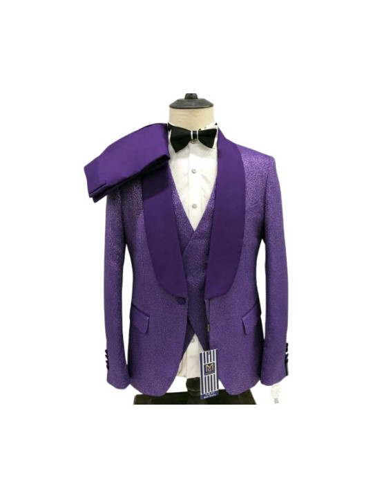 Maligan Three Piece Satin Lapel Glossy Suit | Purple