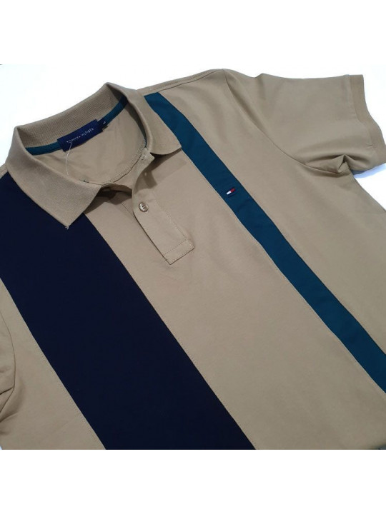 New Tommy Hilfiger Stripe Polo Shirt | Dark Brown and Blue