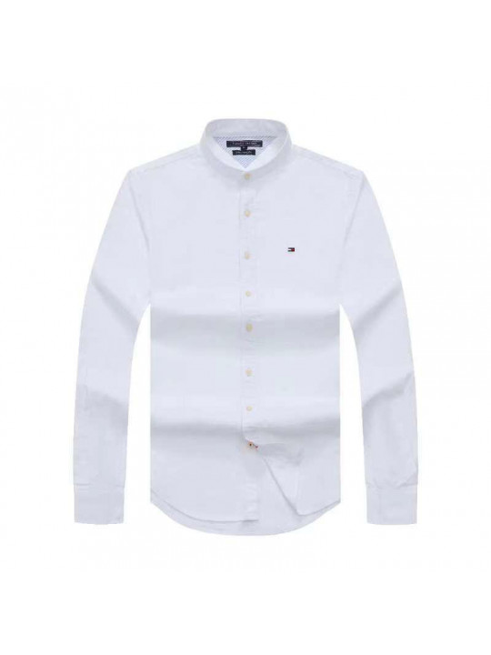 New Tommy Hilfiger Bishop Collar Long sleeve Plain Shirt | White