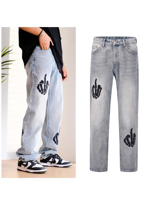   High Quality Straight Cut Jeans with Skeletal Print | Faded Blue