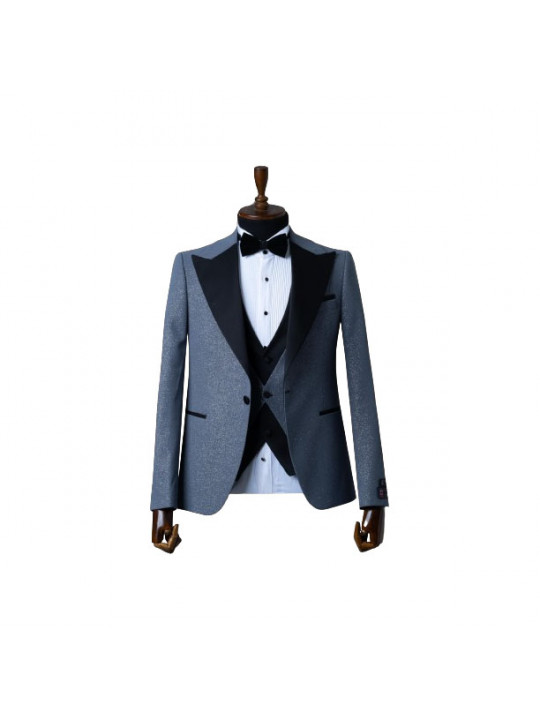 Senzo Rivolli Shiny Tuxedo with Black Wide Shawl Lapel | Mist Grey