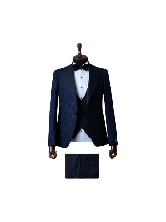 Senzo Rivolli Shiny Tuxedo with Black Wide Shawl Lapel | Navy Blue