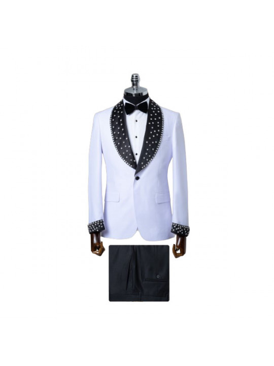 Senzo Rivolli Tuxedo with Stone Silver Shawl Lapel | White