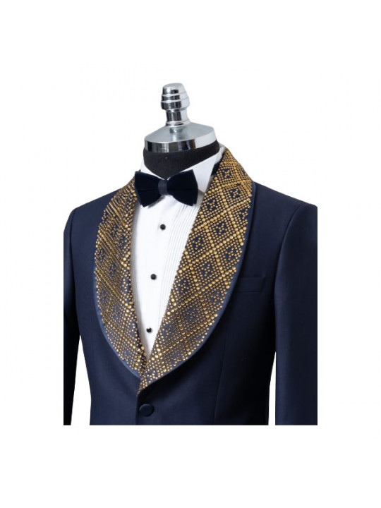 Senzo Rivolli Tuxedo with Gold Shawl Lapel | Navy Blue