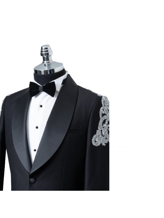 Senzo Rivolli Tuxedo with Black Wide Shawl Lapel and Silver Shoulder| Black