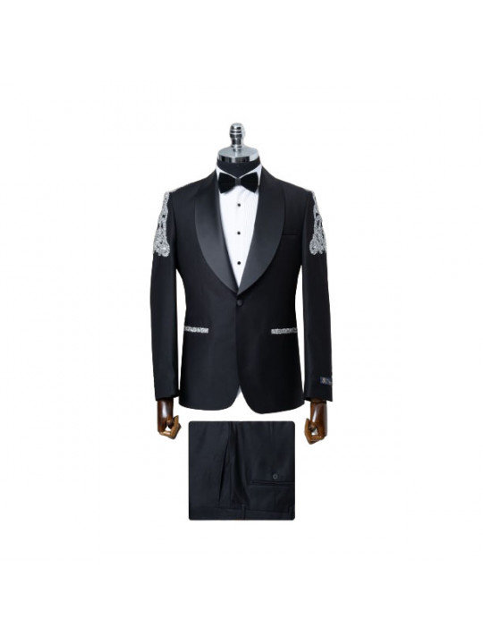 Senzo Rivolli Tuxedo with Black Wide Shawl Lapel and Silver Shoulder| Black