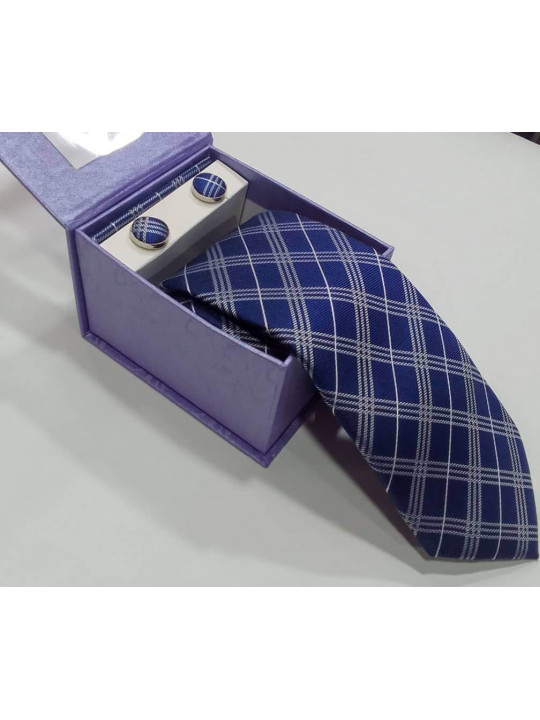 New Men Checked Tie with Cufflinks and Matching Pocket Square | Blue | Offwhite
