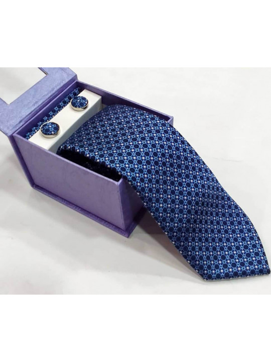 New Men Dotted Tie with Cufflinks and Matching Pocket Square | Blue