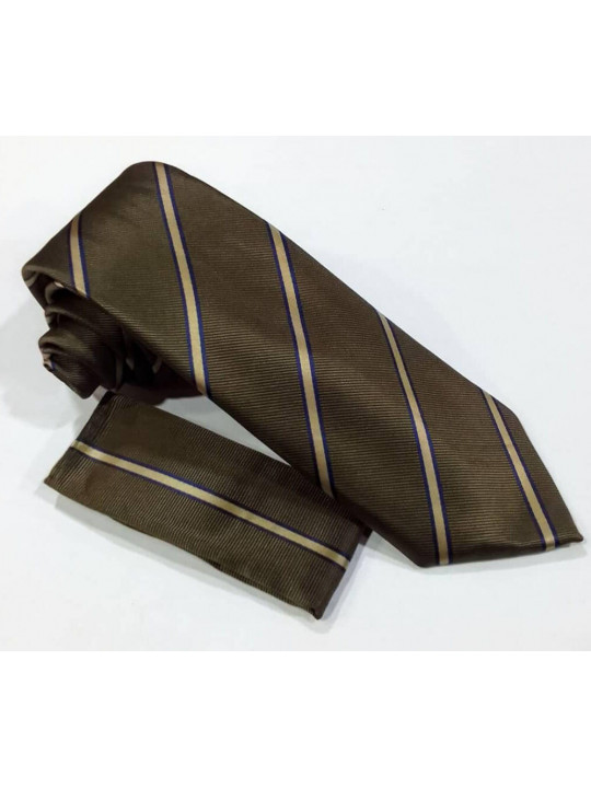 New Men Striped Tie with Matching Pocket Square | Gold | Gold Brown