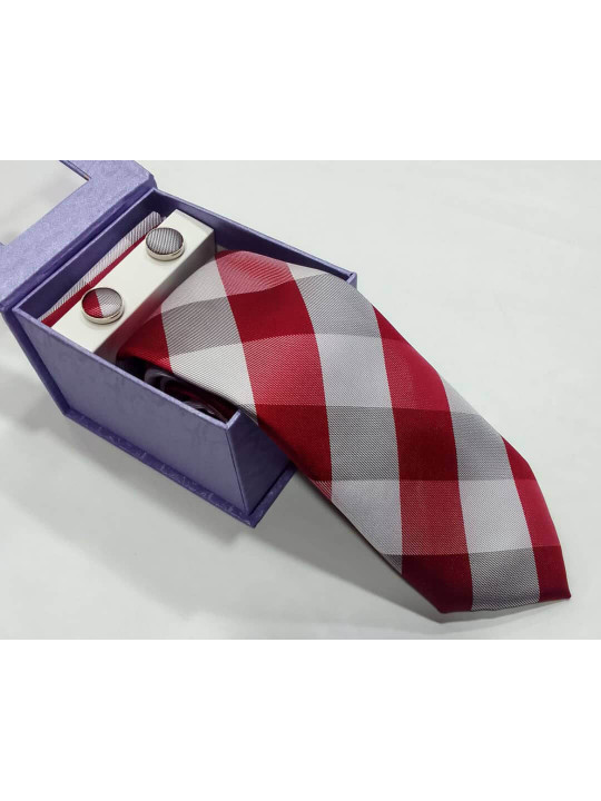 New Men Striped Tie with Cufflinks and Matching Pocket Square | Red | Offwhite