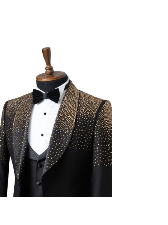 Senzo Rivolli Gold Stoned Three Piece Tuxedo with Wide Shawl Lapel | Black