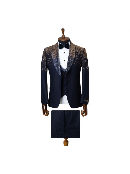 Senzo Rivolli Stoned Three Piece Tuxedo with Wide Shawl Lapel | Navy Blue