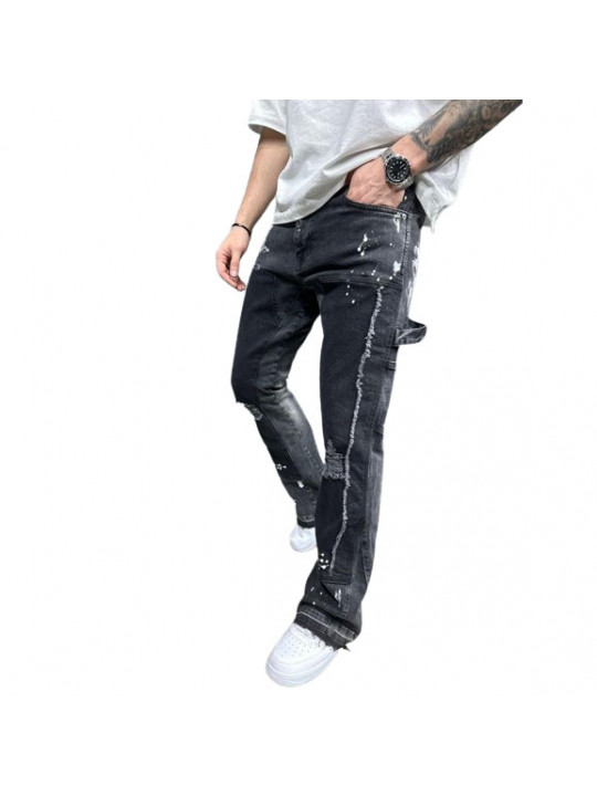Men's High Quality Flare Slim Fit Jeans With White Splatter | Black